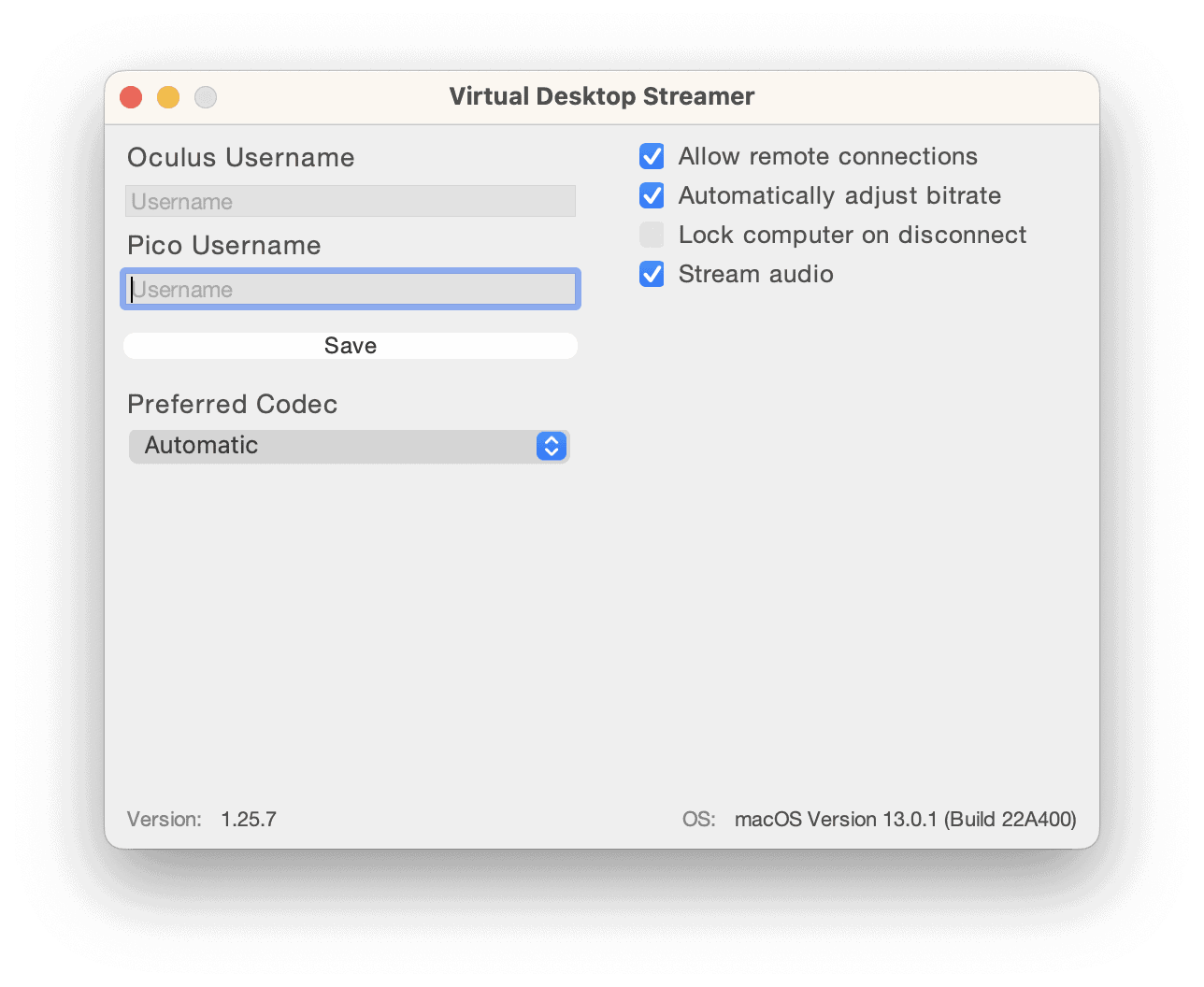 Virtual Desktop StreamerのMac側設定画面