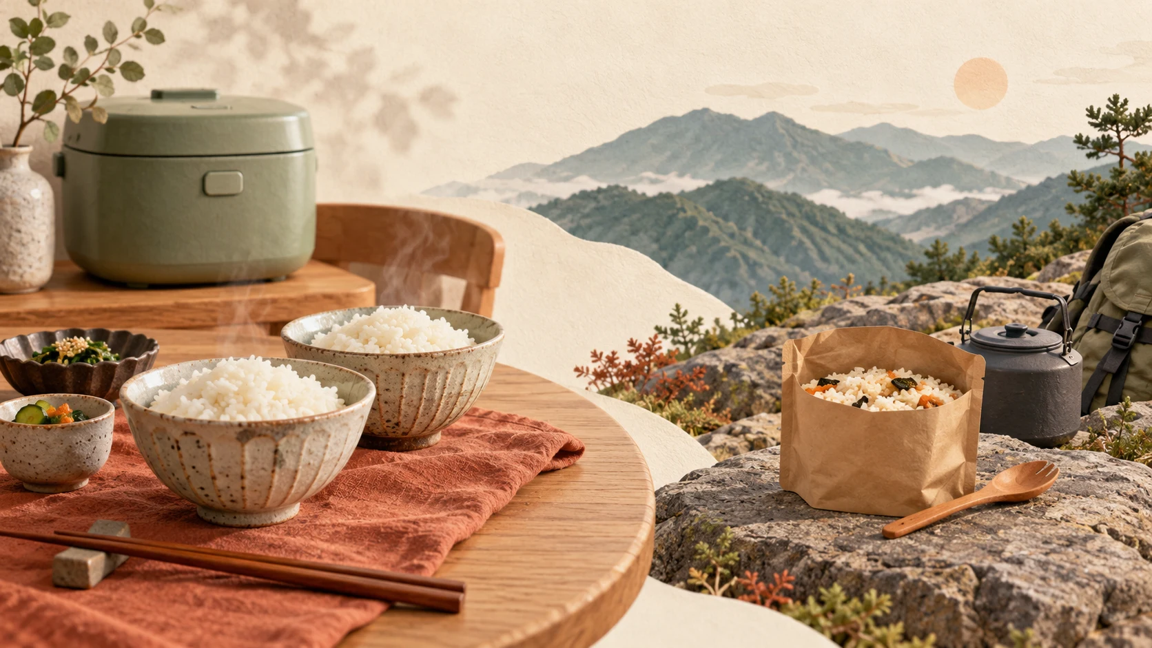 自宅の食卓には炊飯器で炊いたご飯、山のキャンプでは袋から食べるご飯。場所と目的によって、適した道具や方法は変わる。