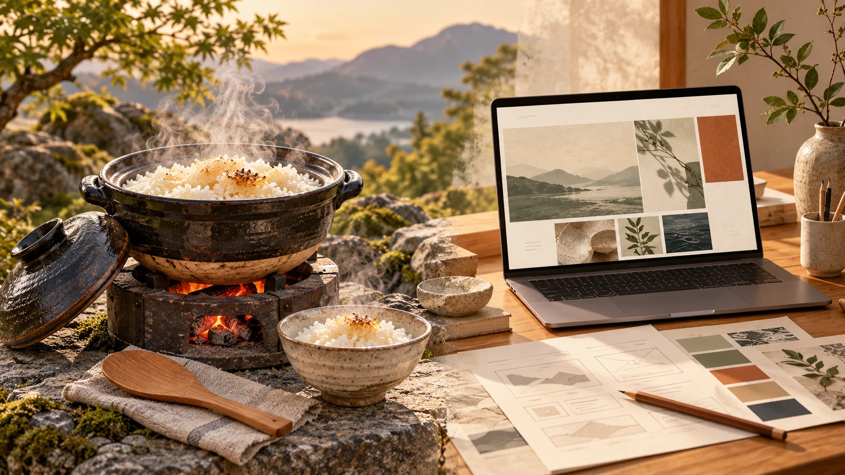 炭火にかけた土鍋のご飯と、下絵や配色を検討しながら作り込むWebサイト。料理と制作の双方で、細部への工夫が仕上がりにつながる。