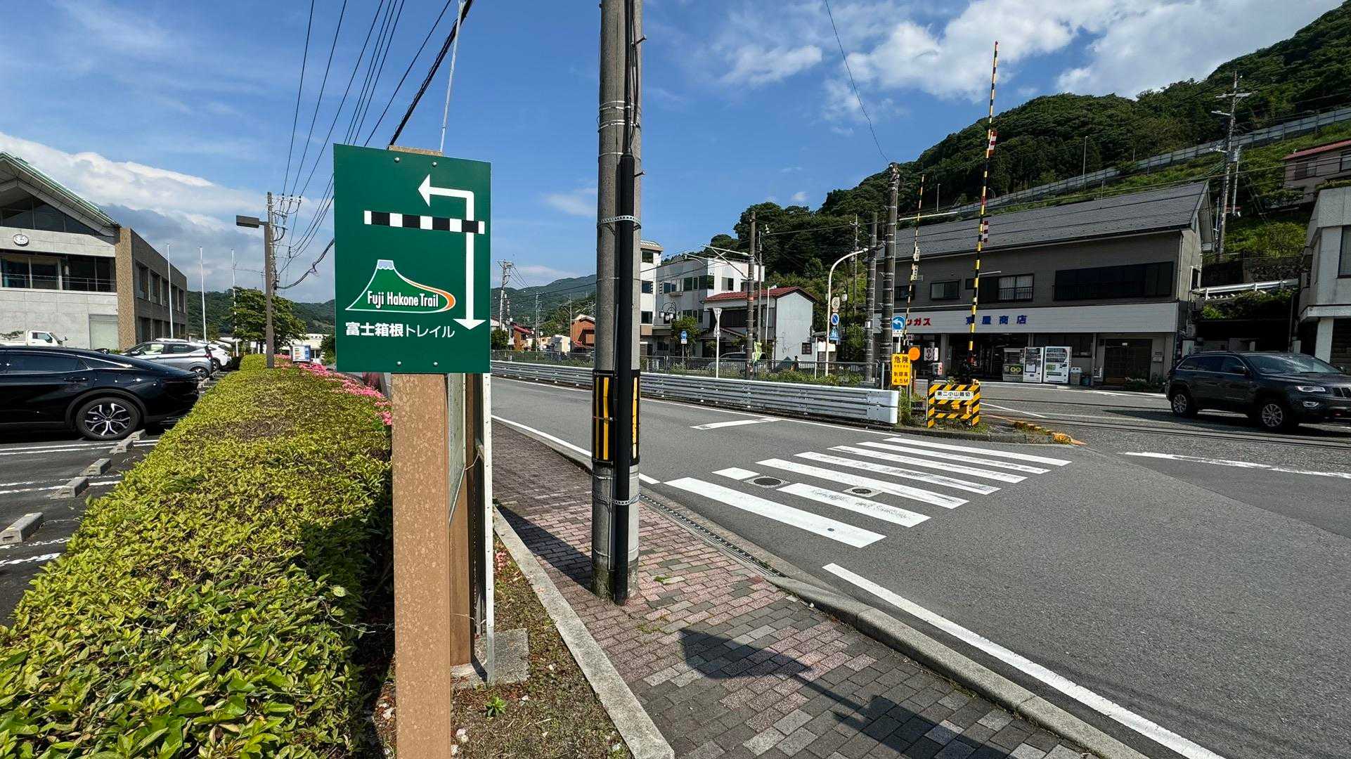 踏切前の看板